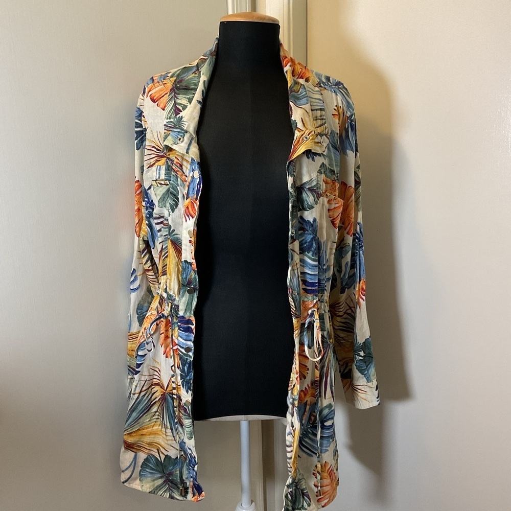 Chicos Linen Palm Print Utility Jacket 3P 16 18 Tropical Lightweight - Picture 3 of 11